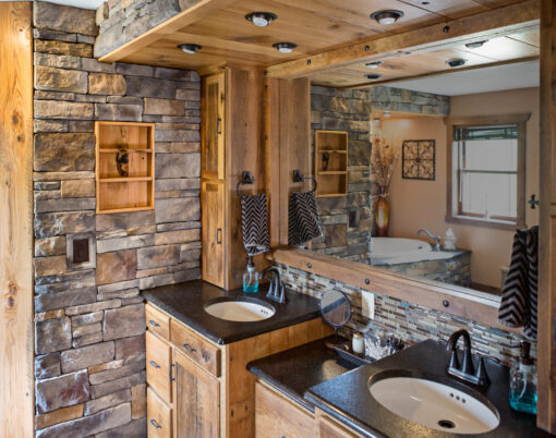Terra cut manufactured stone veneer in the color Slate in a bathroom, example of using stone for interior walls and accents