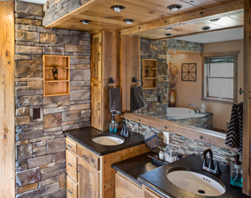 {Terra cut manufactured stone veneer in the color Slate in a bathroom, example of using stone for interior walls and accents}