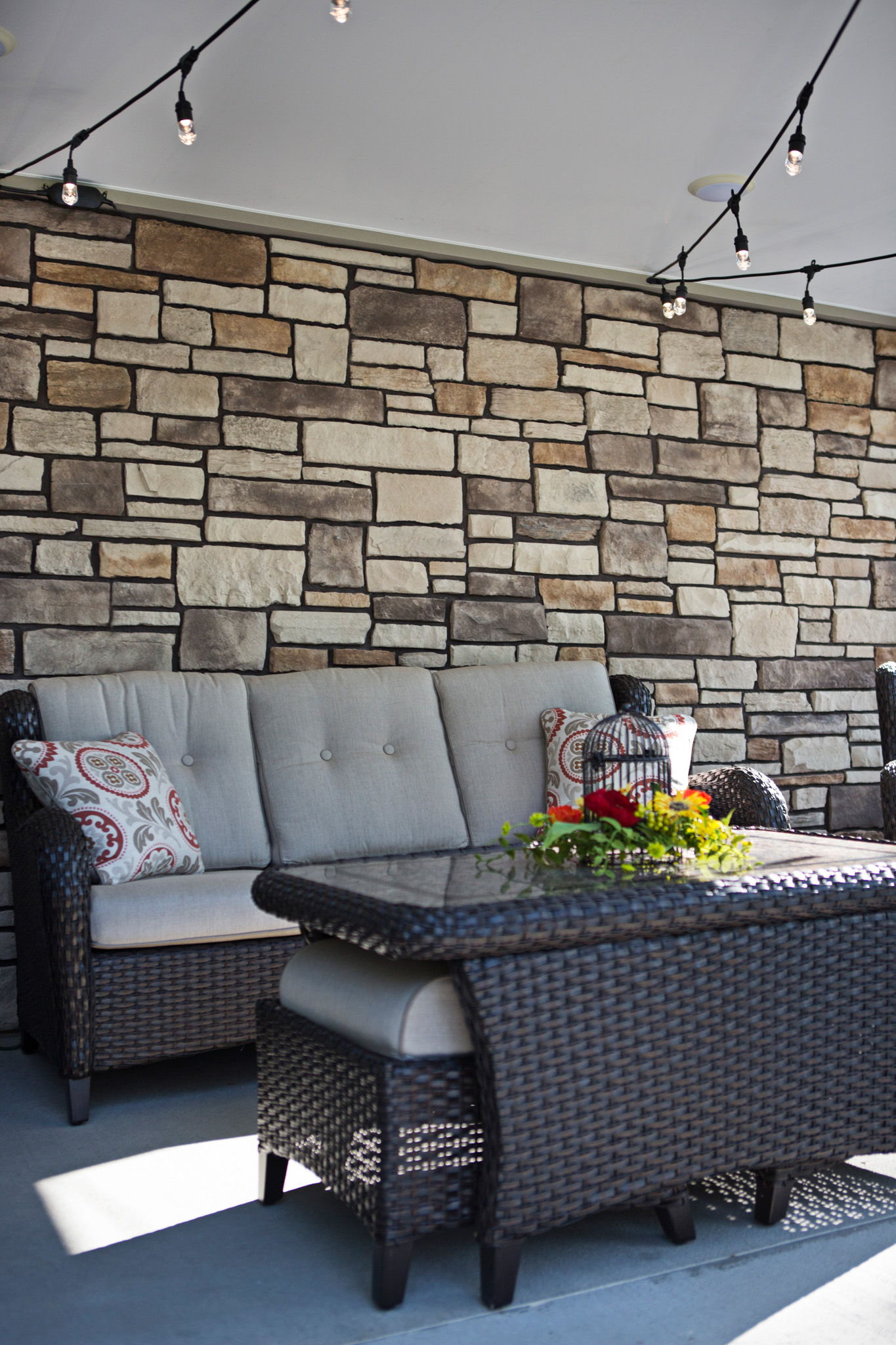Outdoor images showing ProVia's Terra Cut stone veneer in the color Summit; main image on ProVia's stone gallery page