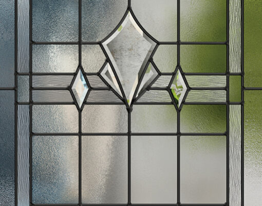 Closeup view of ProVia Tranquility decorative front door glass or glass for decorative windows