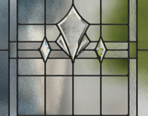 {Closeup view of ProVia Tranquility decorative front door glass or glass for decorative windows}