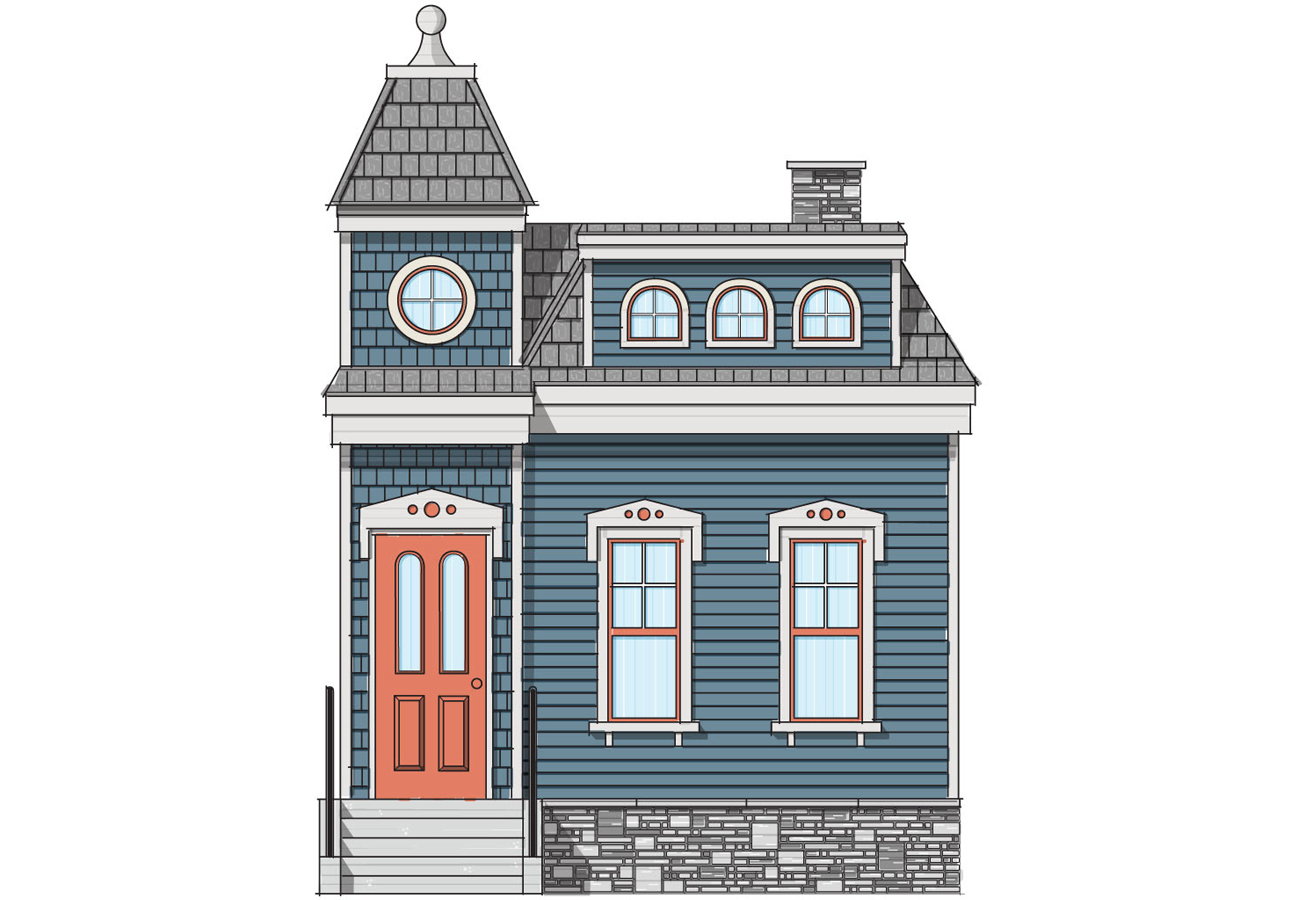 Illustration of a Victorian home with a ProVia entry door, windows, and siding, example of Victorian door styles and Victorian window styles
