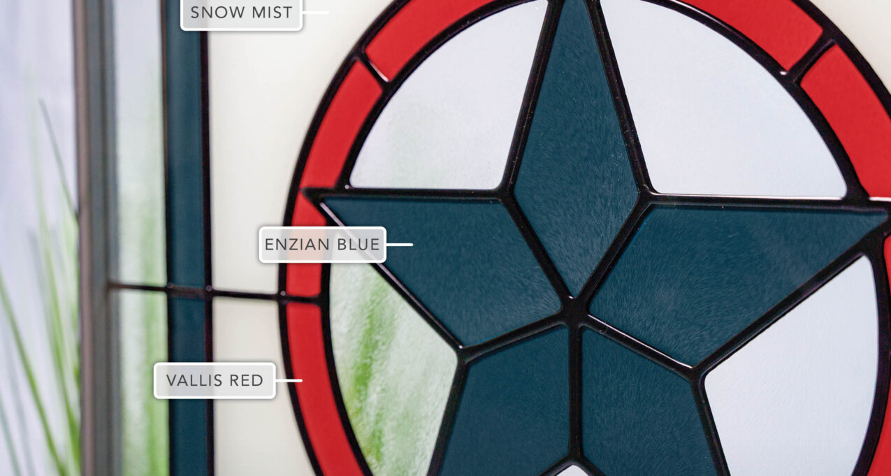 {Closeup view of ProVia Americana Art Glass doors option labeled with details}