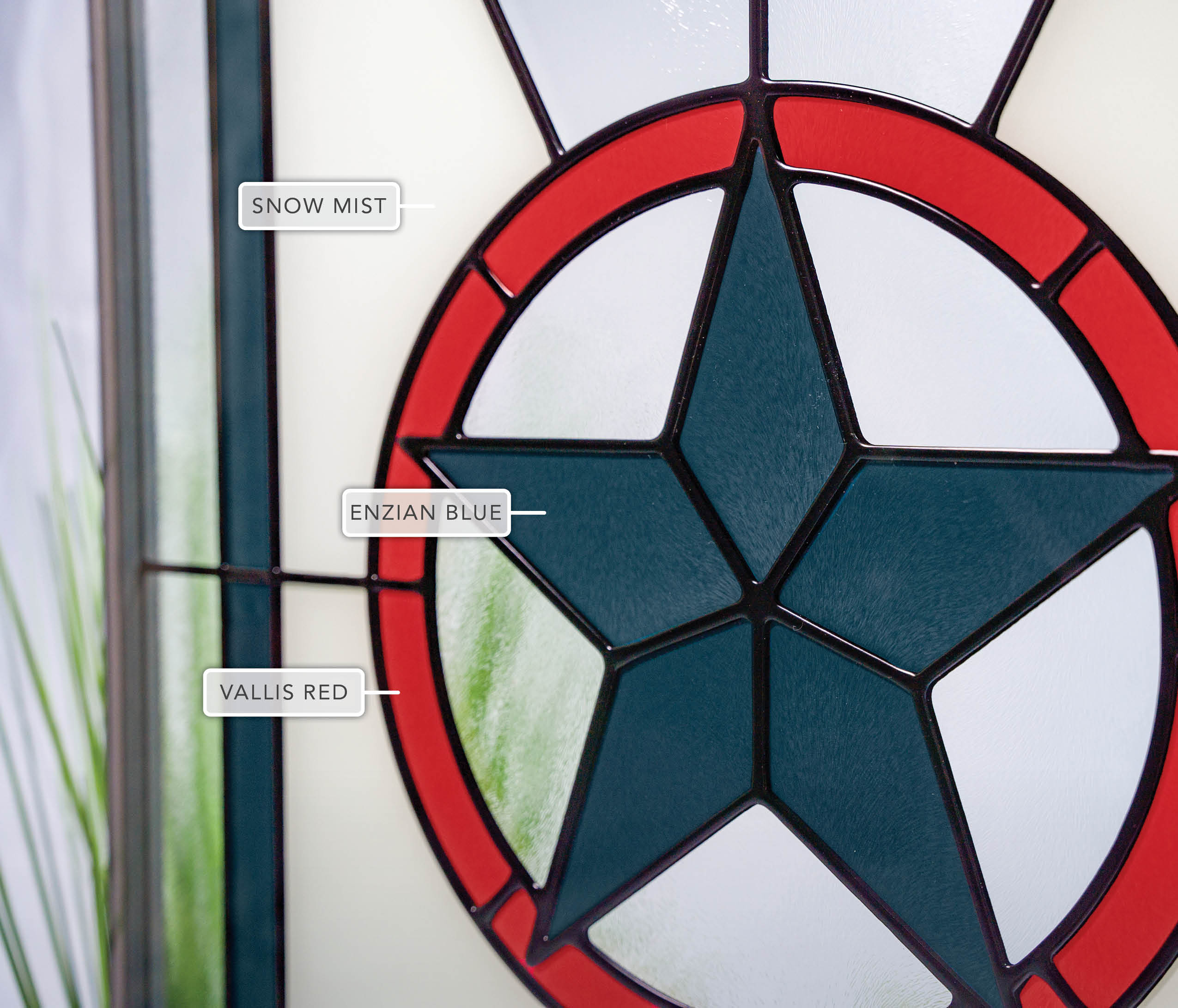 Closeup view of ProVia Americana Art Glass doors option labeled with details