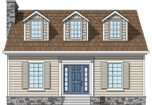 Illustration of a Cape Cod style house with Antique White siding, beige shutters, and a Cape Cod style front door & sidelites in Blueberry.