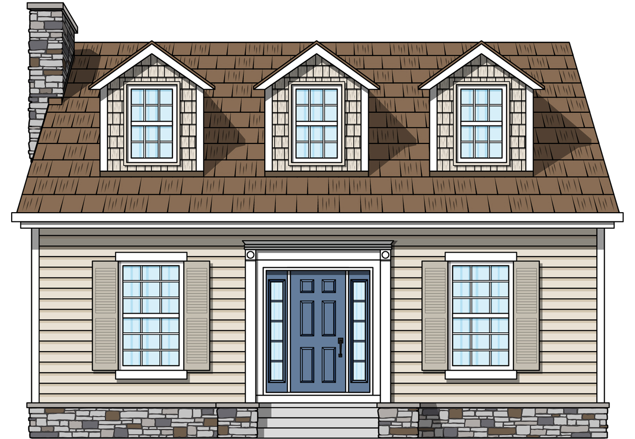 Illustration of a Cape Cod style house with Antique White siding, beige shutters, and a Cape Cod style front door & sidelites in Blueberry.