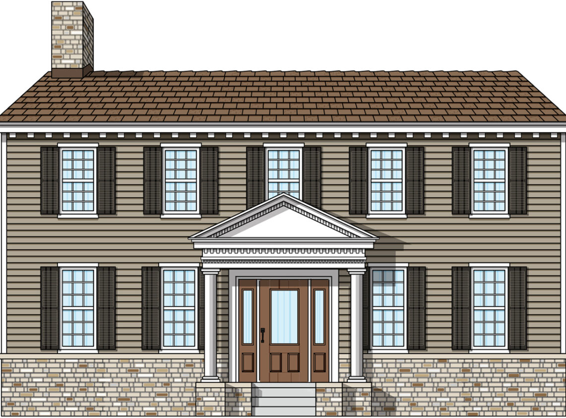 Illustration of a Colonial style home with Colonial front doors and Colonial style windows