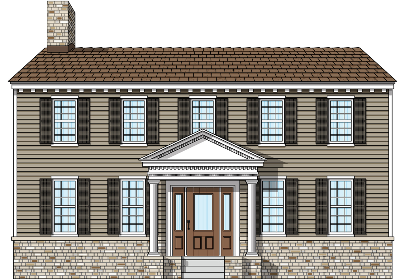 Illustration of a Colonial style home with Colonial front doors and Colonial style windows