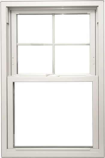 Isolated image of a white ecoLite™ double hung vinyl window with grids on the top pane; image in ProVia's best window brands comparison