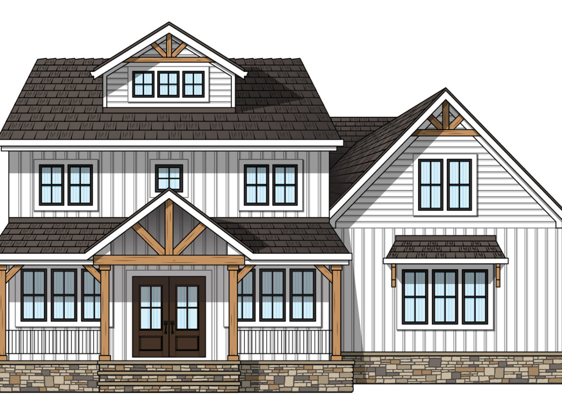 Illustration of a farmhouse-style home that features rich woodgrain fiberglass French Farmhouse front doors and lots of farmhouse windows.