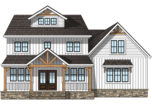 {Illustration of a farmhouse-style home that features rich woodgrain fiberglass French Farmhouse front doors and lots of farmhouse windows.}