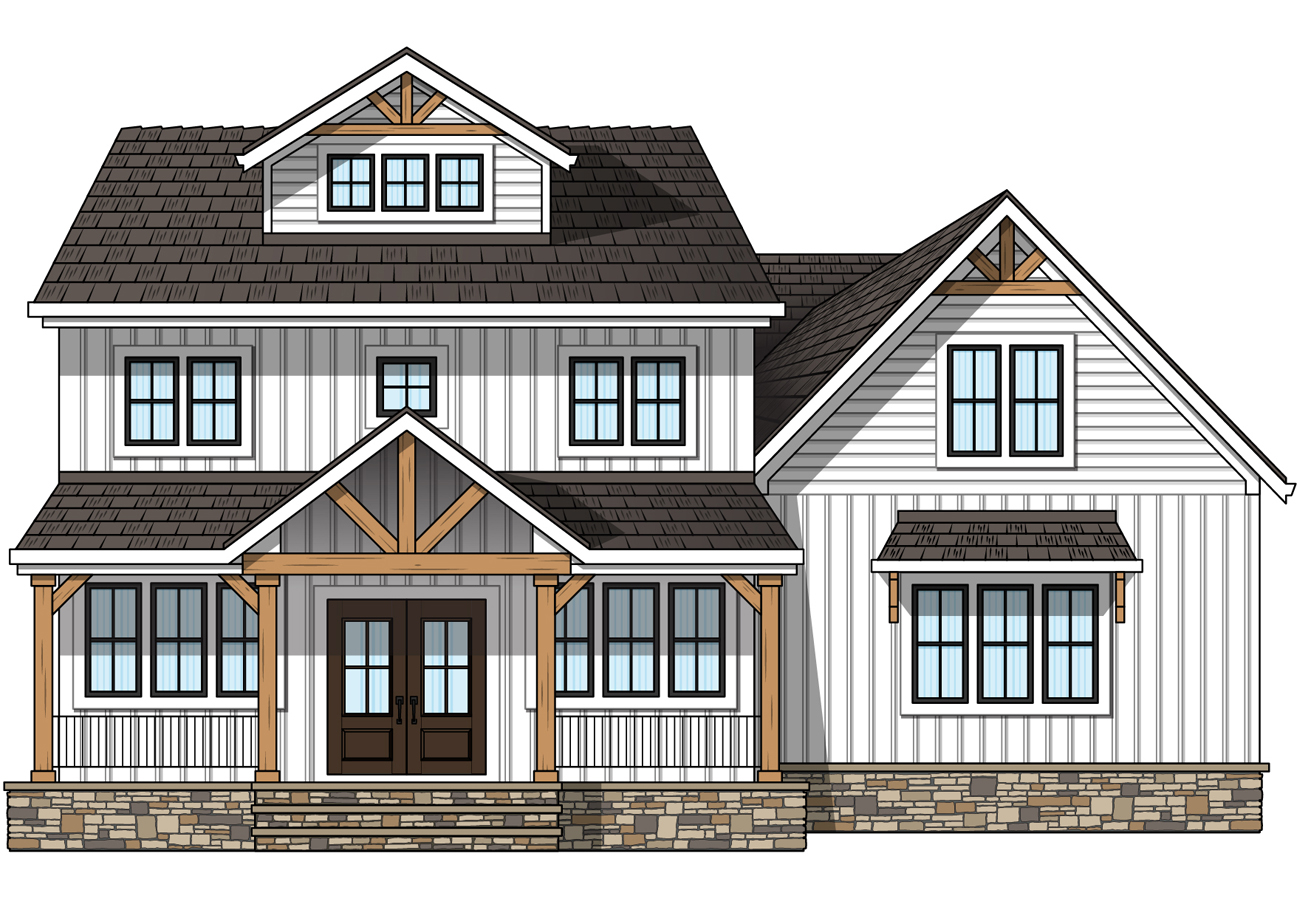 Illustration of a farmhouse-style home that features rich woodgrain fiberglass French Farmhouse front doors and lots of farmhouse windows.