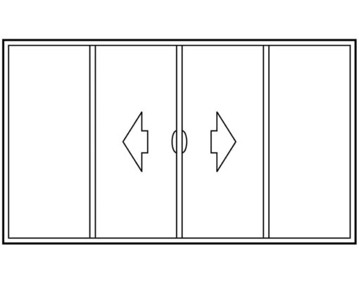 Illustration of a 4-panel sliding exterior door configuration with 2 sliding panels in the middle, one that opens left and one that opens right, with two stationary panels on either side