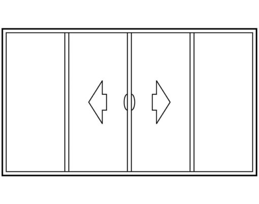 {Illustration of a 4-panel sliding exterior door configuration with 2 sliding panels in the middle, one that opens left and one that opens right, with two stationary panels on either side}