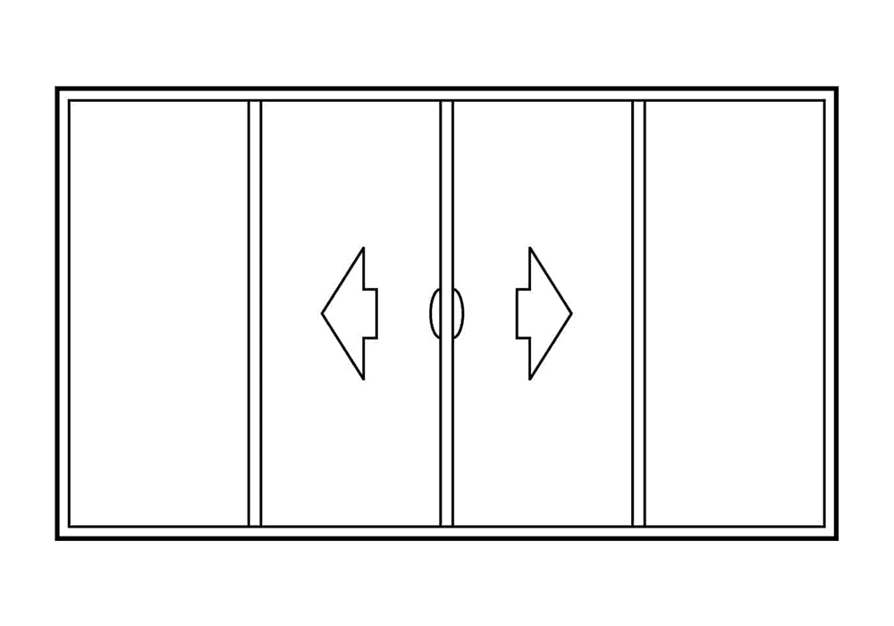 Illustration of a 4-panel sliding exterior door configuration with 2 sliding panels in the middle, one that opens left and one that opens right, with two stationary panels on either side