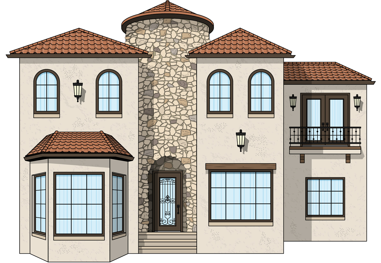 Illustration of a Spanish-style home with ProVia windows, entry door, and stone