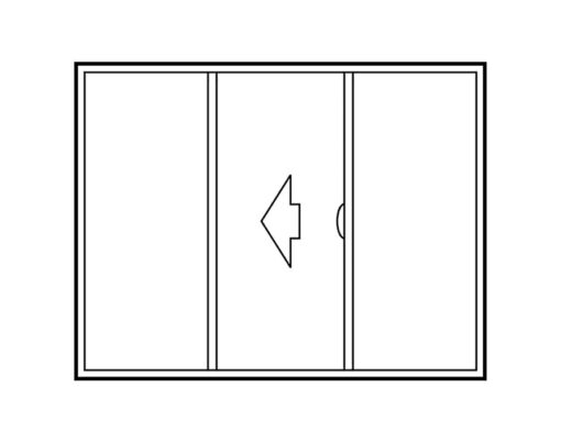 Illustration of a 3-panel sliding exterior door configuration that slides open to the left, with the sliding panel being in the middle and the two stationary panels on either side