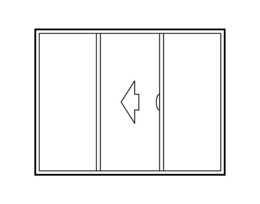 {Illustration of a 3-panel sliding exterior door configuration that slides open to the left, with the sliding panel being in the middle and the two stationary panels on either side}