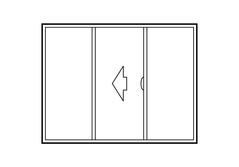 Illustration of a 3-panel sliding exterior door configuration that slides open to the left, with the sliding panel being in the middle and the two stationary panels on either side