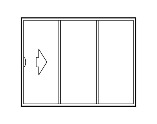 Illustration of a 3-panel sliding exterior door configuration that has a far left door that slides open to the right
