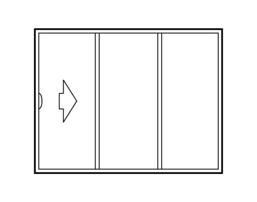 {Illustration of a 3-panel sliding exterior door configuration that has a far left door that slides open to the right}