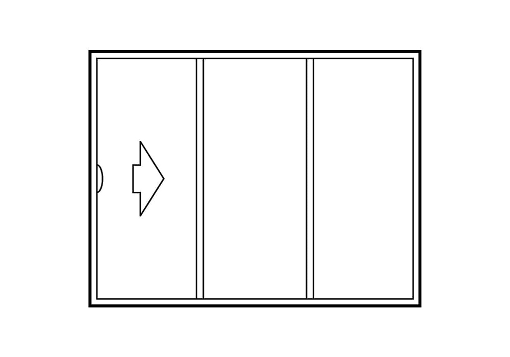 Illustration of a 3-panel sliding exterior door configuration that has a far left door that slides open to the right