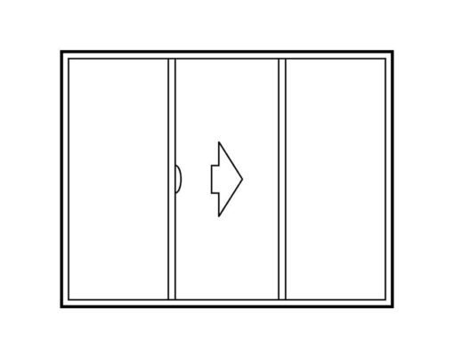 Illustration of a 3-panel sliding exterior door configuration that slides open to the right, with the sliding panel being in the middle and the two stationary panels on either side