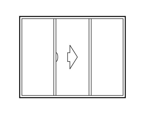 {Illustration of a 3-panel sliding exterior door configuration that slides open to the right, with the sliding panel being in the middle and the two stationary panels on either side}