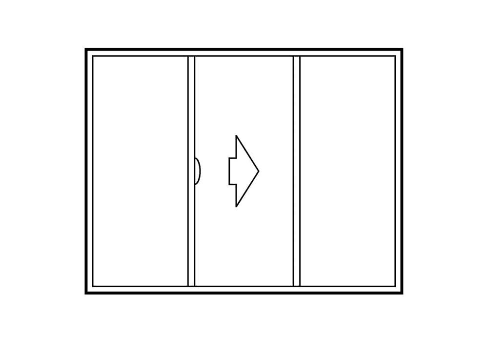 Illustration of a 3-panel sliding exterior door configuration that slides open to the right, with the sliding panel being in the middle and the two stationary panels on either side