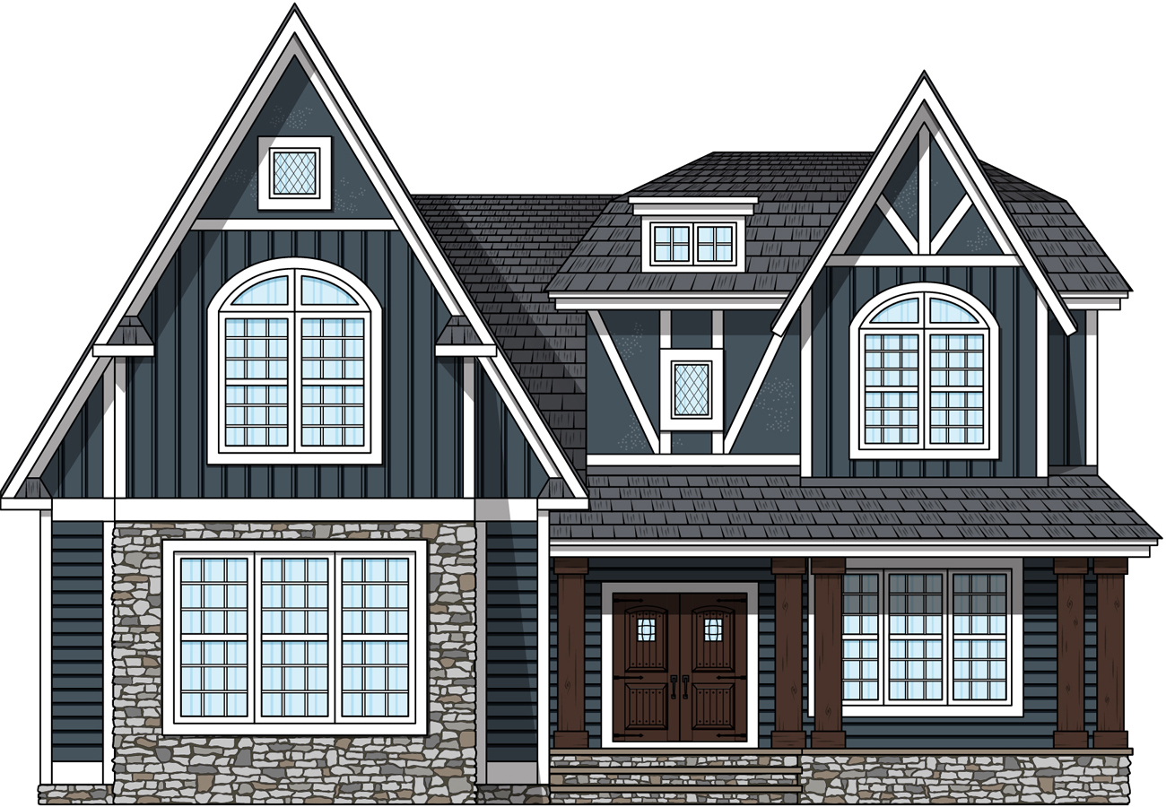 Illustration of a Tudor-style home with Tudor-style front doors and Tudor window styles to fit the unique architecture of a Tudor home.