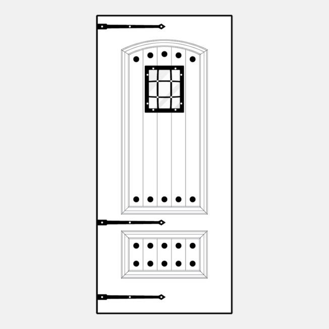 {Line art illustration of a ProVia 002CP-449 entry door with speakeasy, hinge straps and clavos}