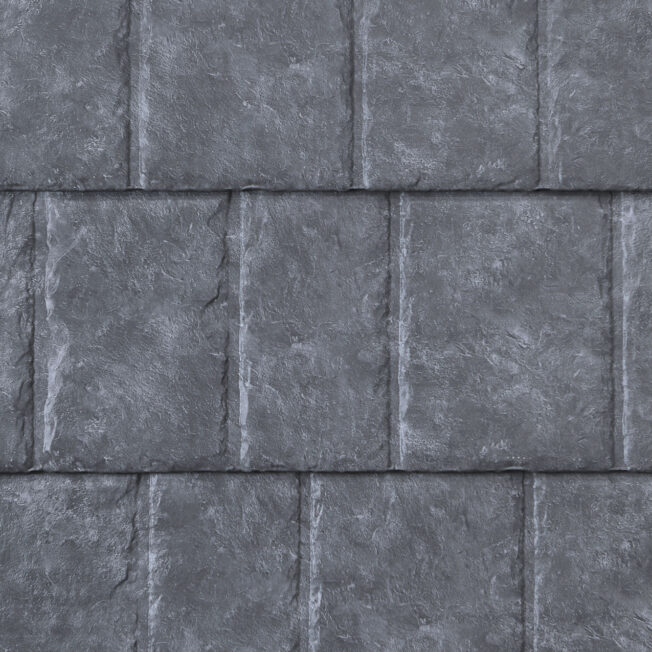 {Closeup image showing the details of ProVia's Baystone gray colored metal slate roof }