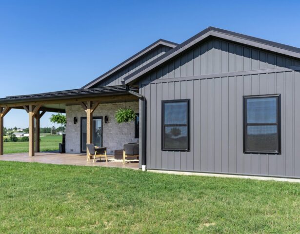 {ProVia vinyl board and batten in Nightfall on a single-story home}
