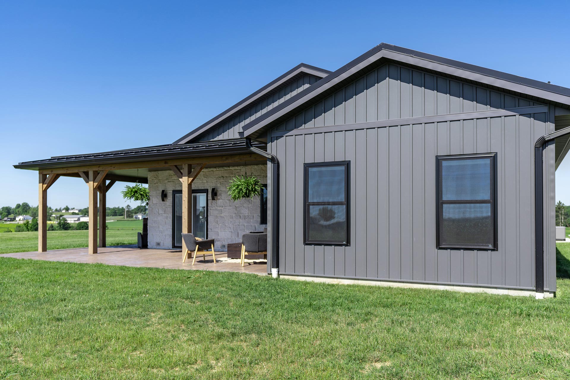 ProVia vinyl board and batten in Nightfall on a single-story home