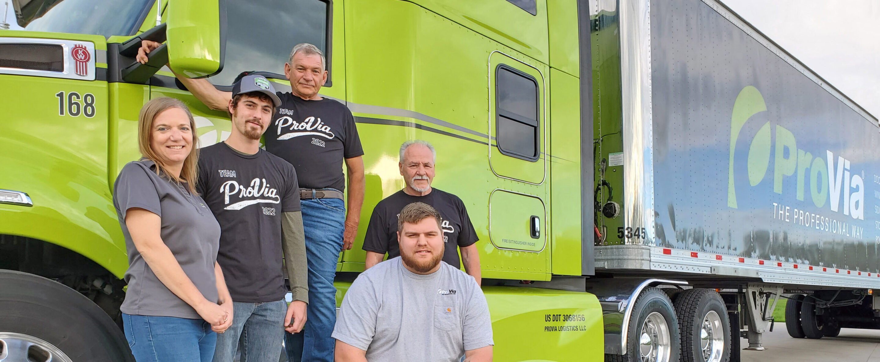 ProVia Logistics and Truck Driving Team from left to right: Tiffani Gerber, Logistics Team Leader & Payroll, Aaron VanScoder, Driver, Merle Miller, Driver, Ed McMullen, Driver, and Tyler Warner, Driver