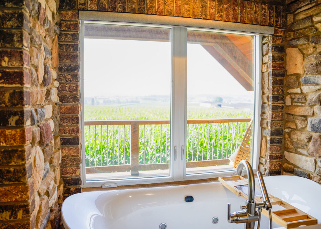 {Interior view of Endure™ Casement Windows in White in a bathroom with a view of the countryside}