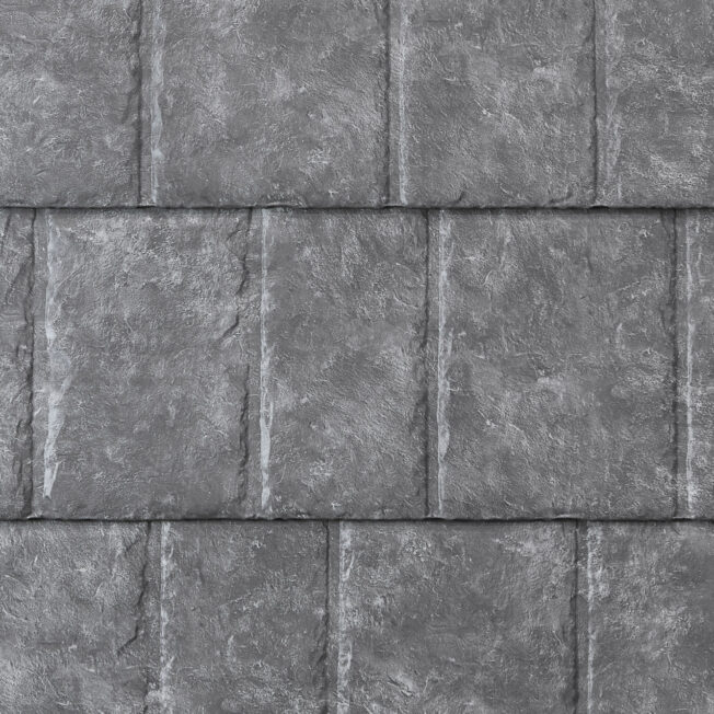 {Closeup image showing the details of ProVia's Ironstone gray colored metal slate roofing }