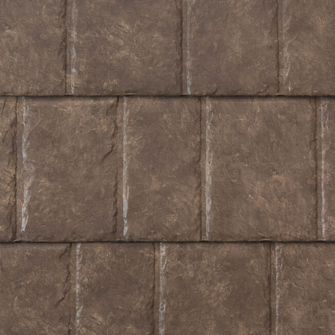 {Closeup image showing the details of ProVia's Lodgestone brown colored metal slate roofing }