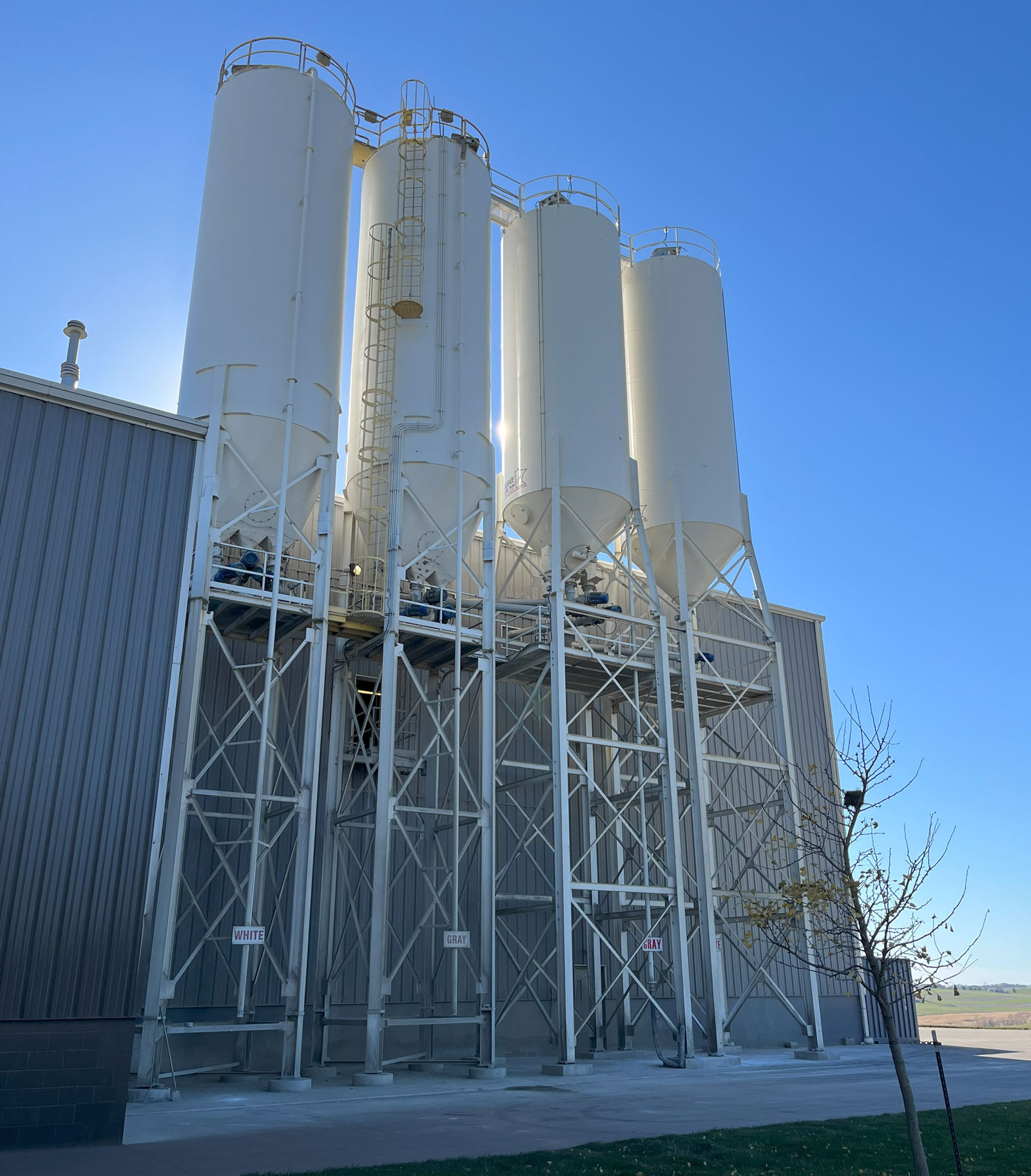 Silos at ProVia's stone manufacturing plant for storing raw materials