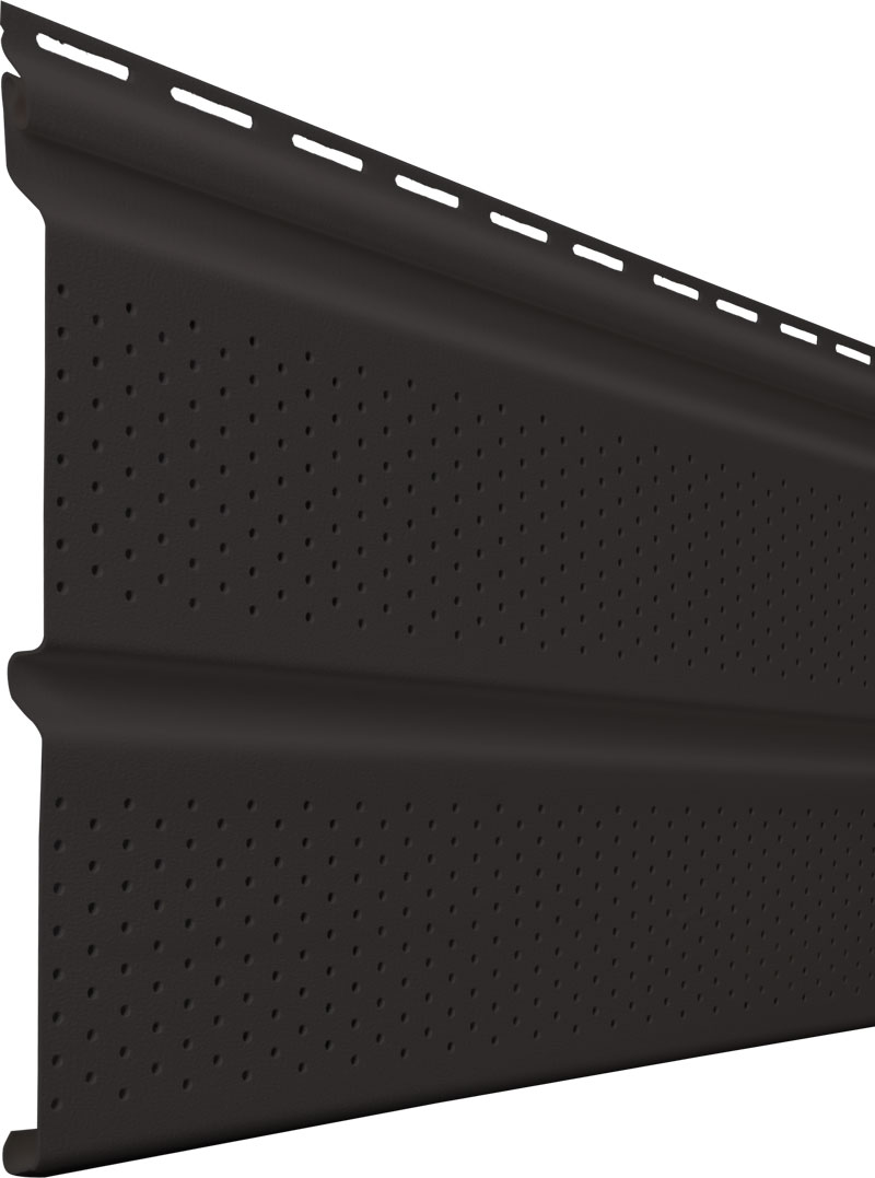 Isolated image of Universal double 5" full vent drilled vinyl soffit in Coal Black, black soffit example