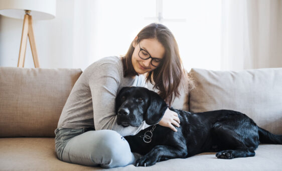 {Woman cuddling black labrador dog on couch in living room on page about entry doors and storm door with built-in dog door options}