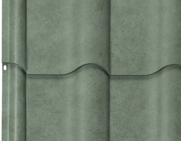 Detailed profile view of ProVia's metal barrel tile roof in Jade