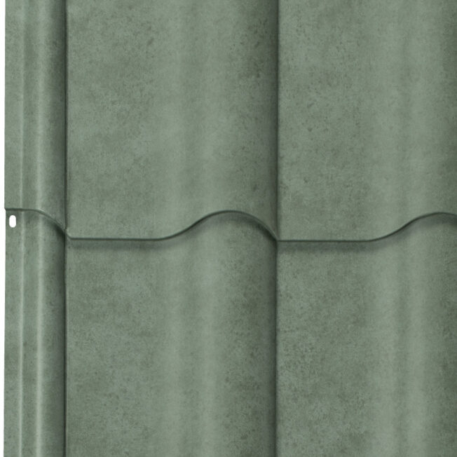 {Detailed profile view of ProVia's metal barrel tile roof in Jade}