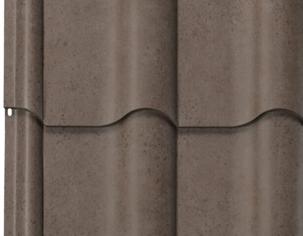 Detailed profile view of ProVia's metal barrel tile roof in Mocha