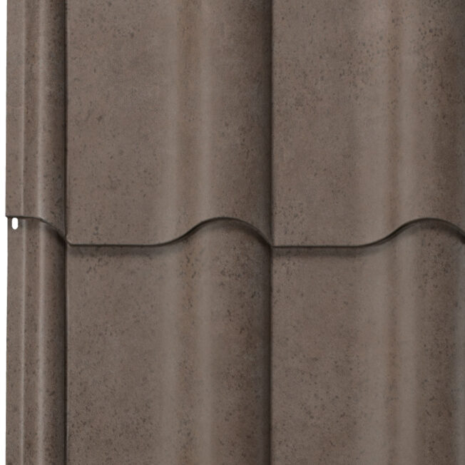 {Detailed profile view of ProVia's metal barrel tile roof in Mocha}