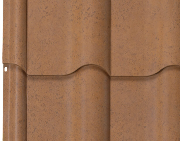 Detailed profile view of ProVia's metal barrel tile roof in TerraCotta