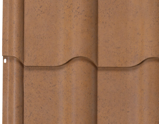 {Detailed profile view of ProVia's metal barrel tile roof in TerraCotta}
