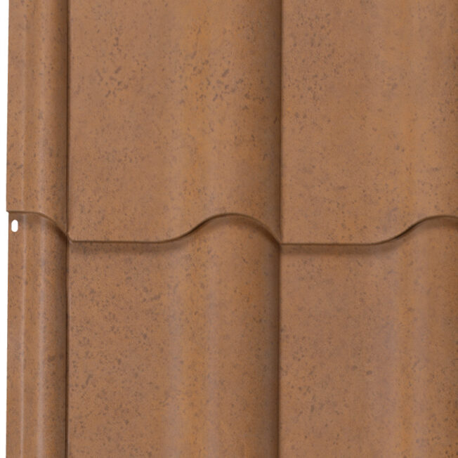 {Detailed profile view of ProVia's metal barrel tile roof in TerraCotta}