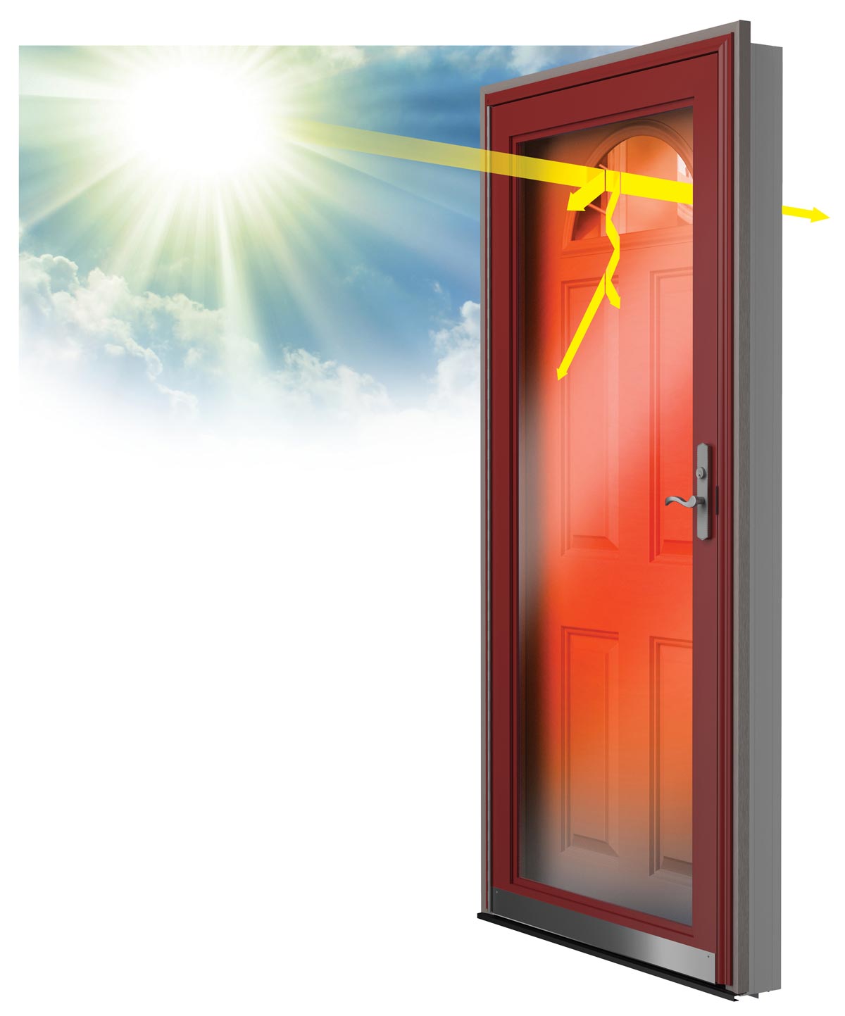 Diagram of a low e glass storm door and sunlight entering a low e door