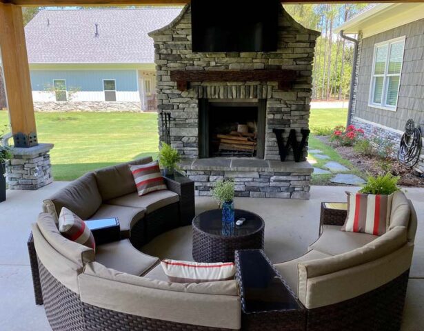 {Outdoor fireplace with seating}